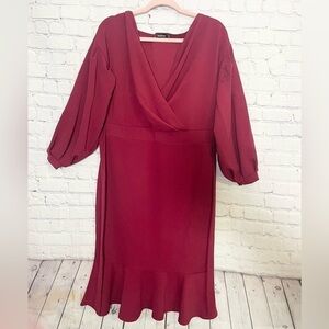 Boohoo Deep Red V- Neck Bodcon Long Sleeve Ruffle Dress Size: 14